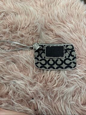 Coach Black & Beige Signature Mini Wristlet with Silver Accents